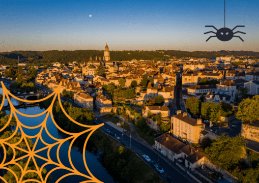 Vue aérienne sur Périgueux, décorée pour Halloween